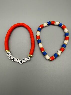 Red & Patriotic Beaded Bracelets Set - MARINES - Handmade #B0467T